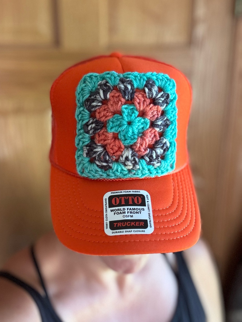 OTTO Trucker Hat with Handmade Crochet Granny Square Patch NWT blazer orange!